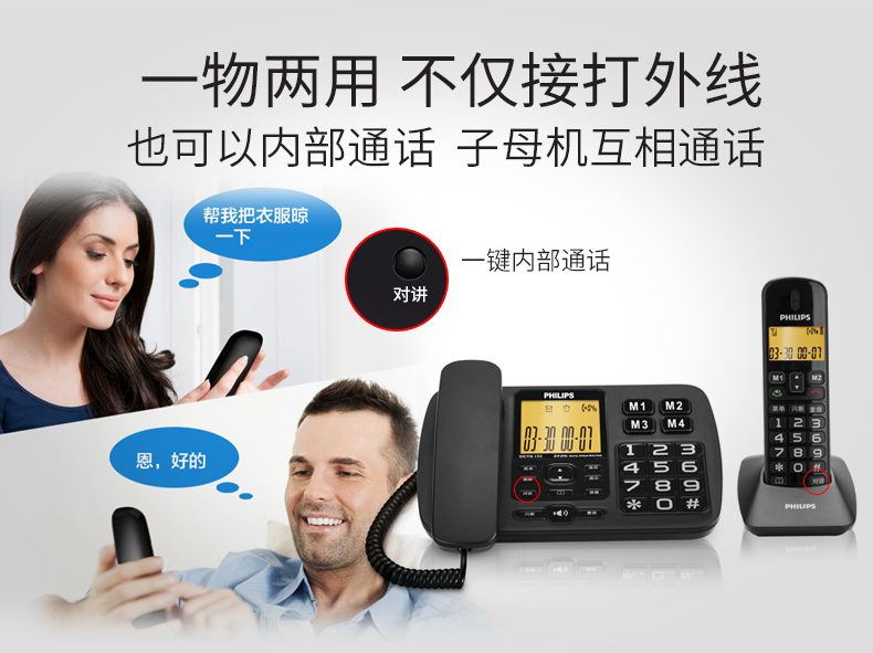 飞利浦DCTG152 数字无绳电话机 办公家用来电显示无线子母机（台）白色