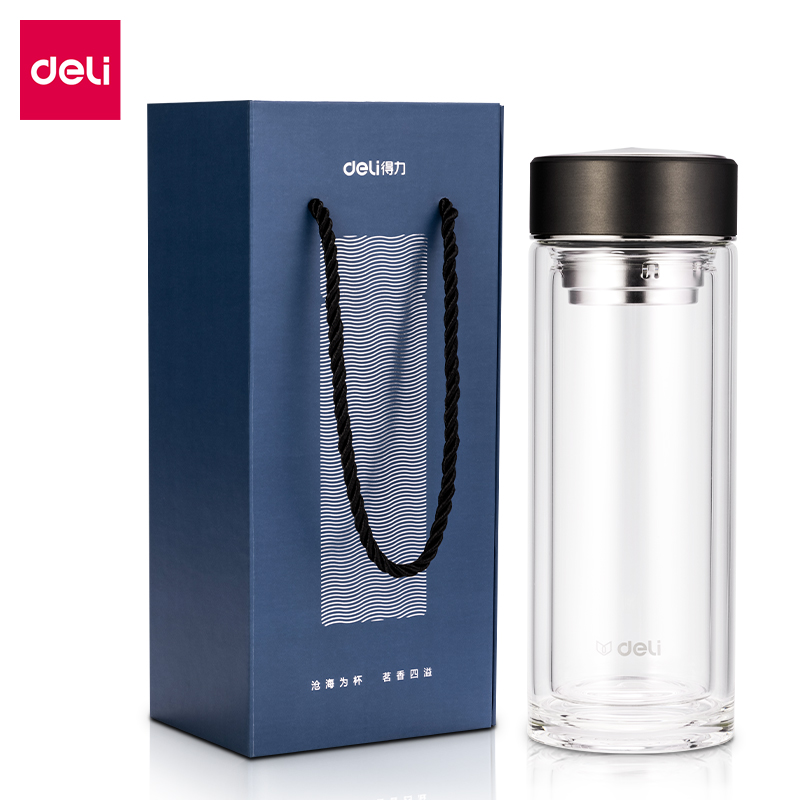 得力LL502双层玻璃杯(350mL)(提绳礼盒)(灰色)(个)