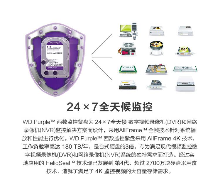 西部数据紫盘WD62EJRX监控硬盘6T/SATA/128MB(个)